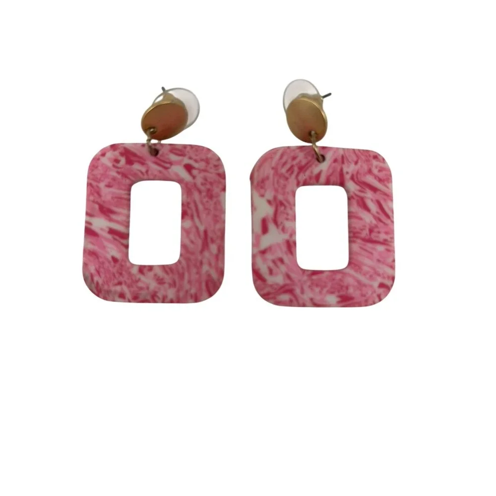 Bohemian Drop Earrings Pink Marbled Resin Rectangular Geometric Gold Accent